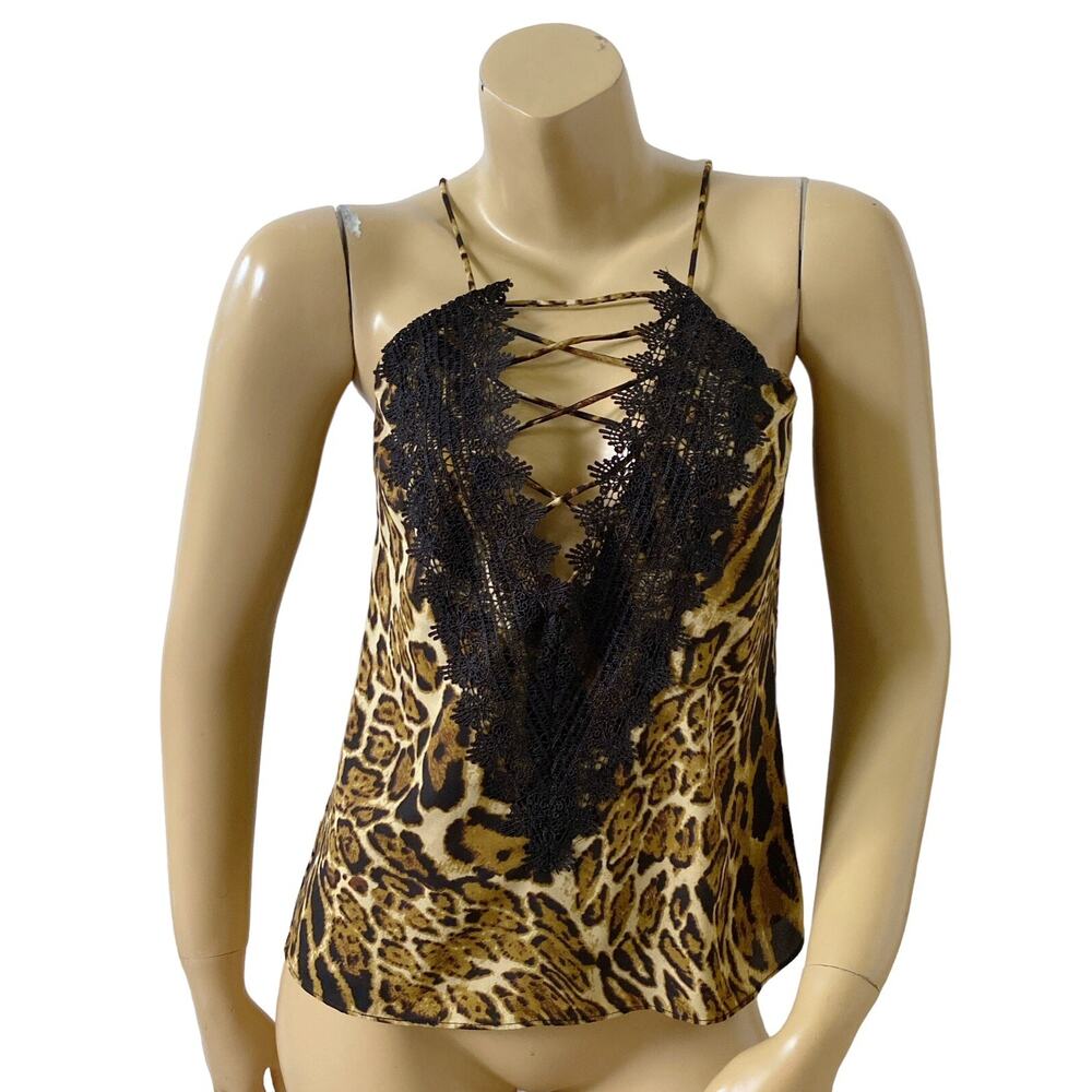 WAYF Womens Size XS Animal Print Lace Trim Plunge Sleeveless Cami Tank Top Shirt